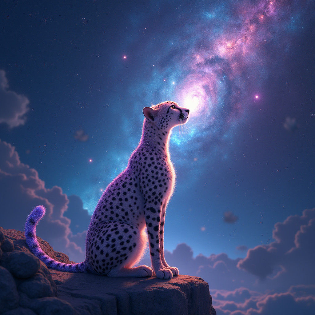 Ethereal Galaxy Cheetah Gazing at Vibrant Cosmos