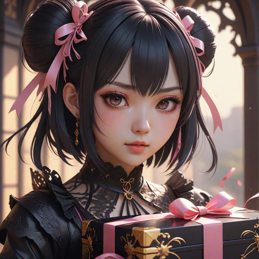 Gothic Anime Girl Emerges From Ribboned Box