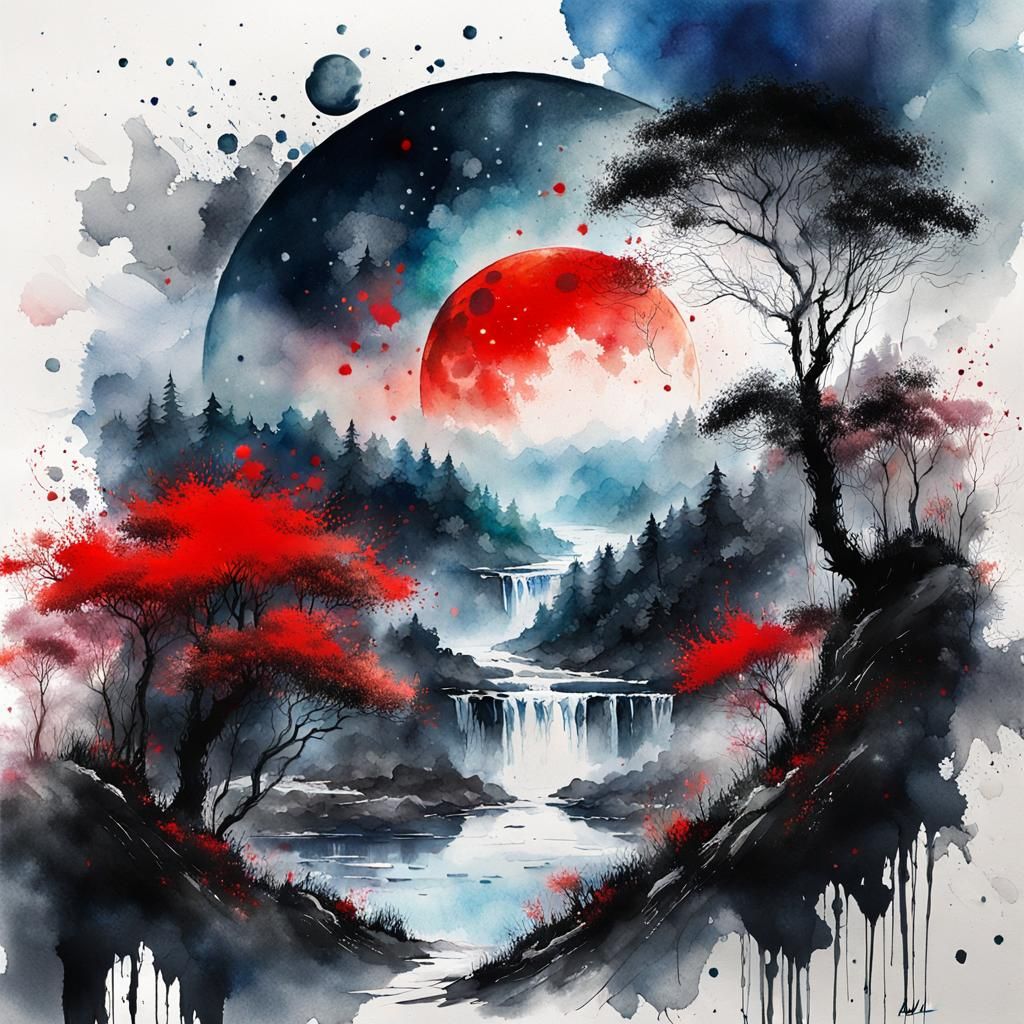 Lush Moonlit Landscape in Watercolor Style