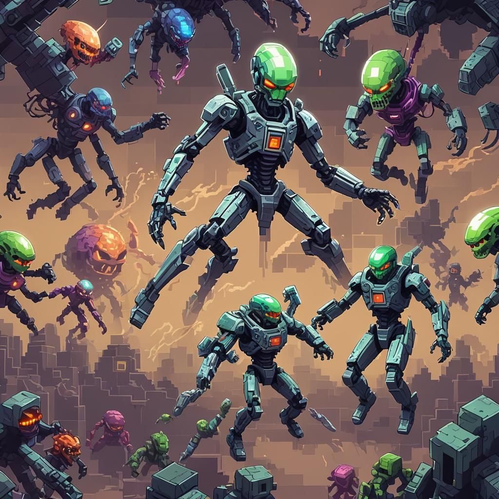Pixel Art Cyborg Alien Battle in Fractal Realm