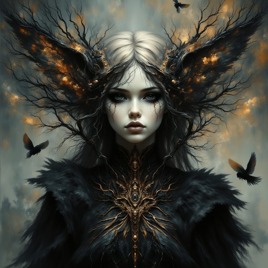 Gothic Elf with Raven Wings and Skull Staff