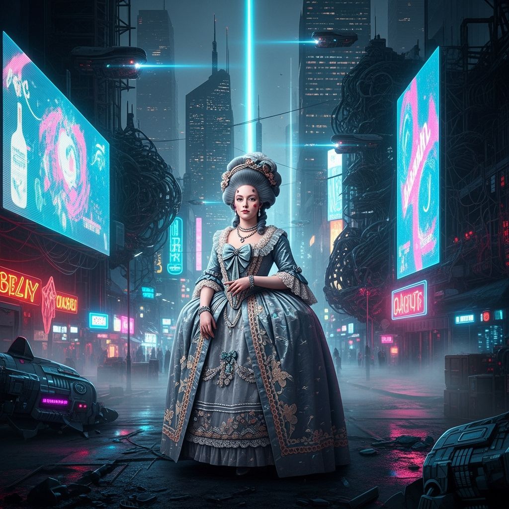 Cyberpunk Marie Antoinette in Neon Cityscape