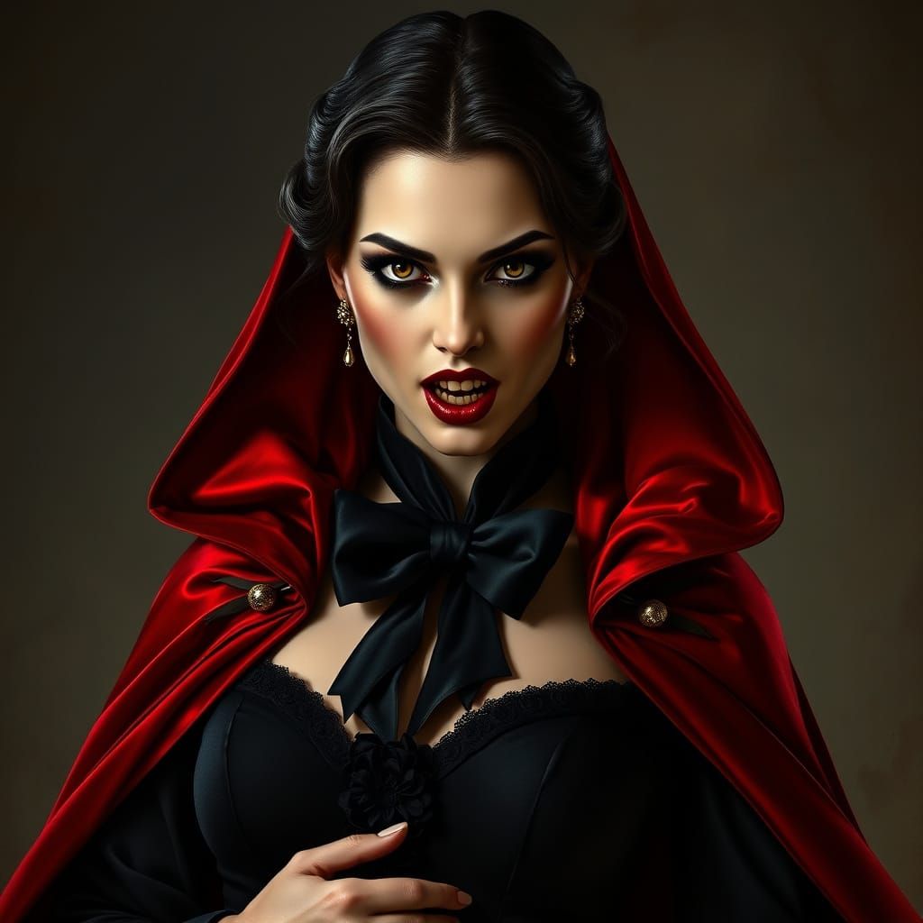 Ethereal Vampire Countess in Dark Red Cape and Black Tie