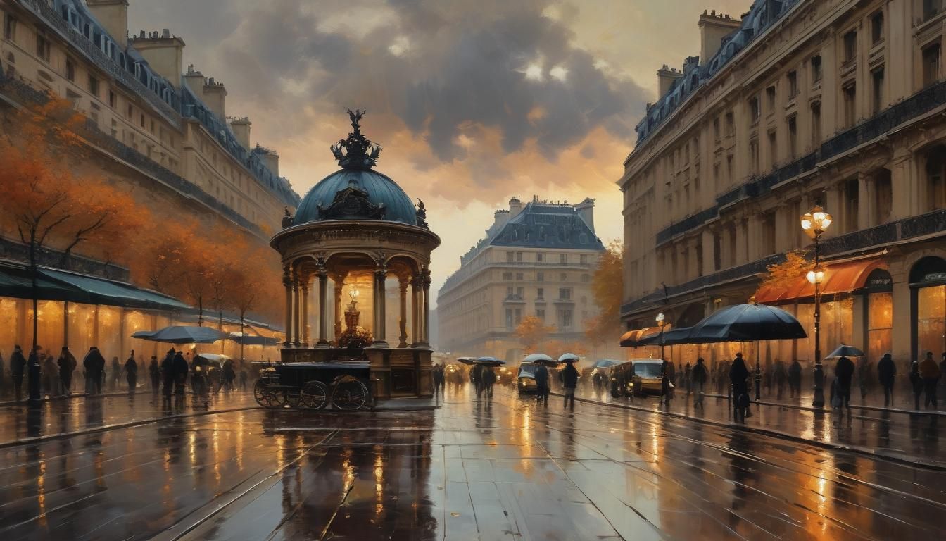 Rainy Sunset Over Paris in Oil Painting Style