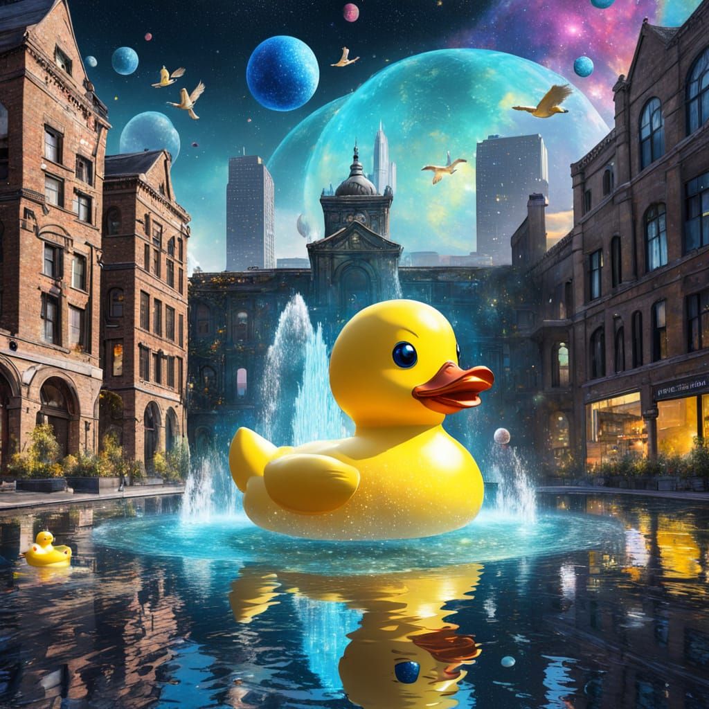 Celestial Rubber Duck Descends Upon Urban Oasis