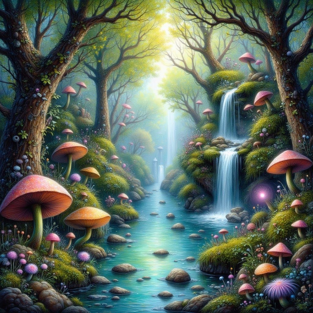 Enchanted Forest Clearing with Waterfall in Storybook Style