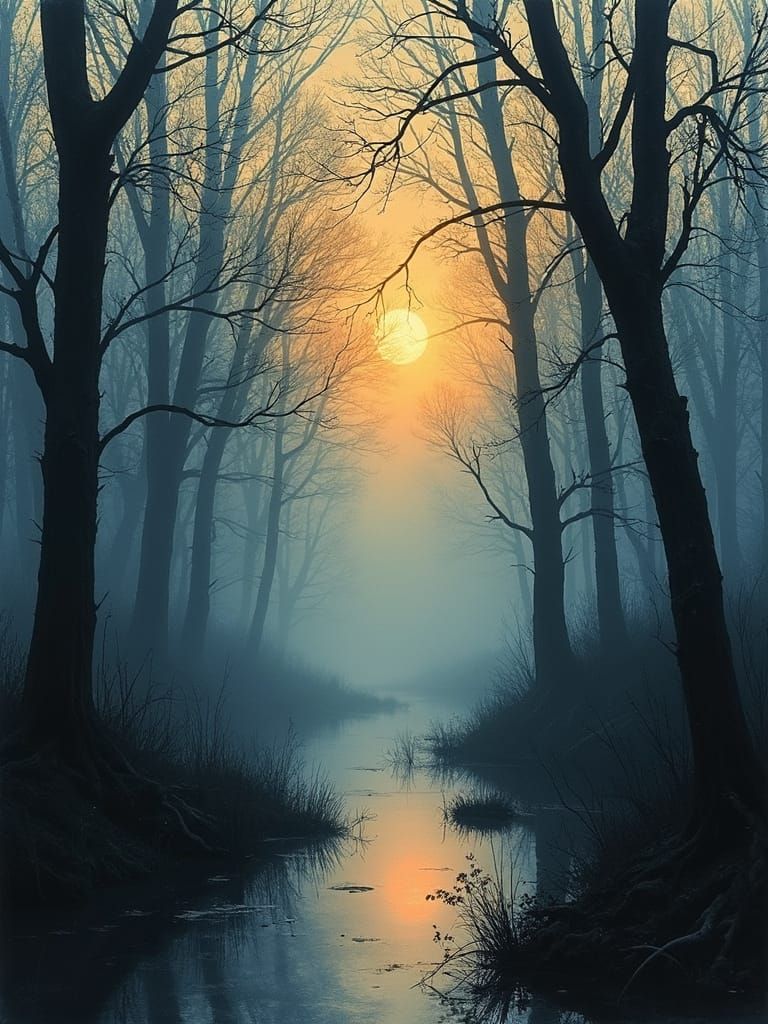 Misty Swamp Linocut Print in Duotone Style