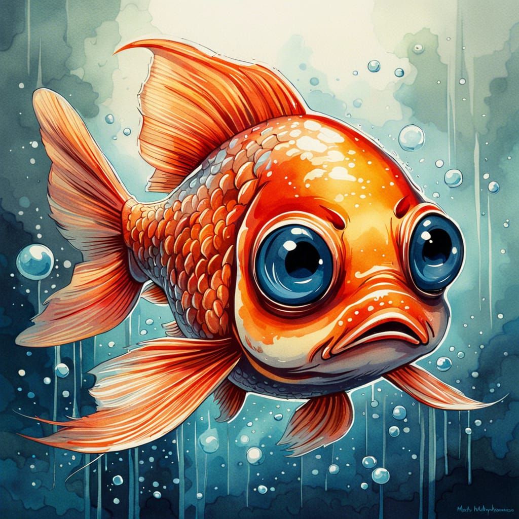 Whimsical Watercolor Goldfish with Big Eyes