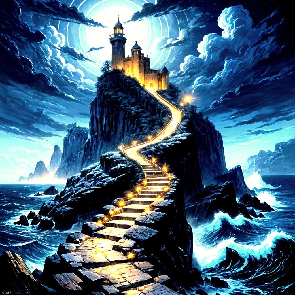 Luminous Fortress Island at Twilight: Oil Painting