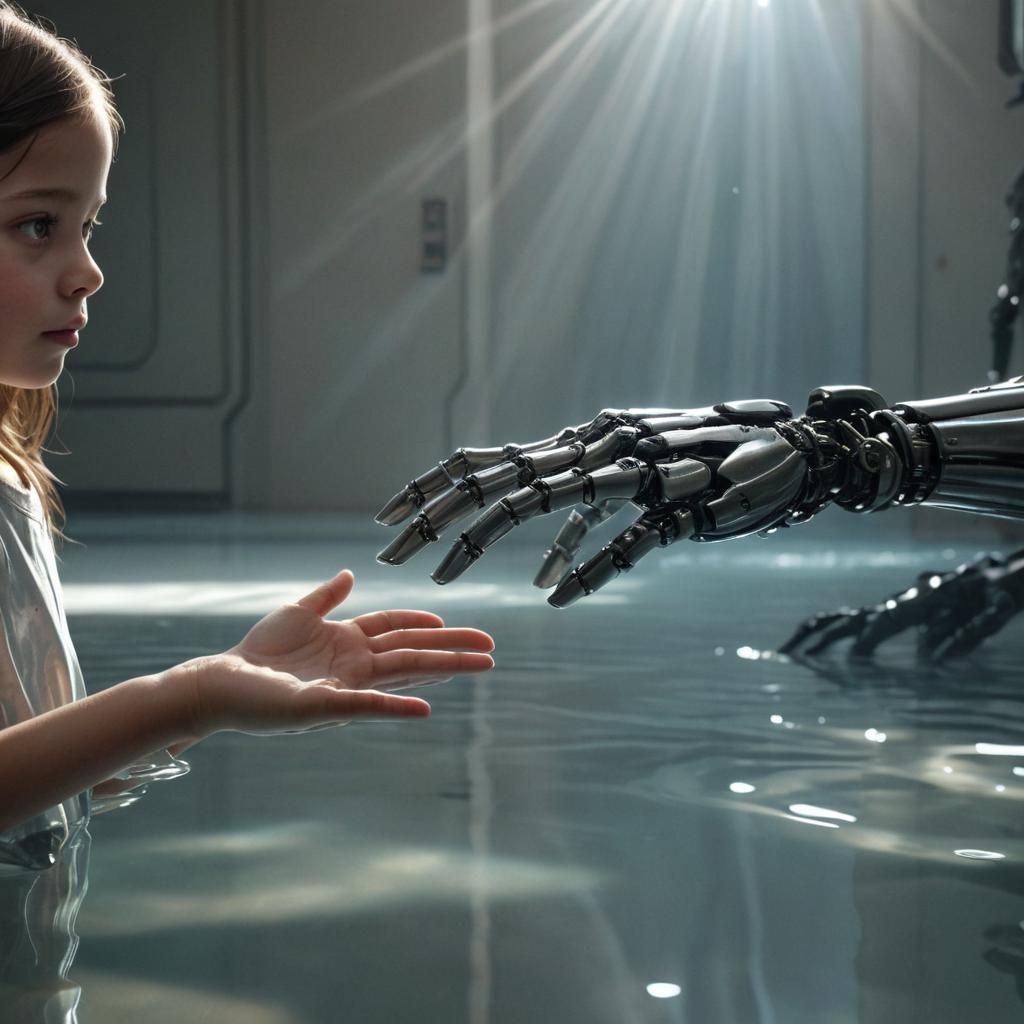 Futuristic Robotic Hand Touches Child in Sci-Fi Room