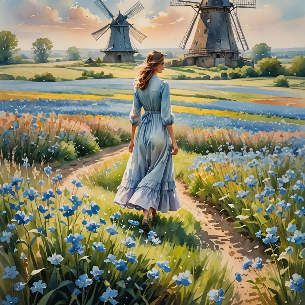 watercolor flower field with dutch windmill