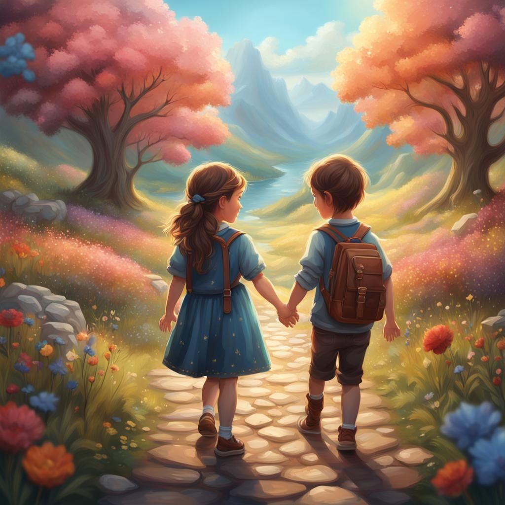 Happy Children in Pastel Landscape: Oil Painting Style
