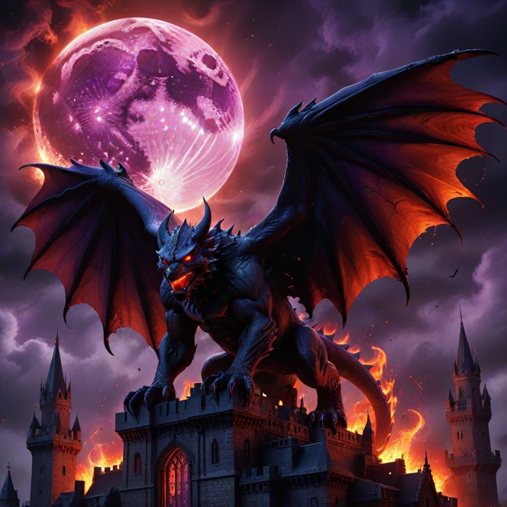 Dark Fantasy Gargoyle in Blazing Violet Flames
