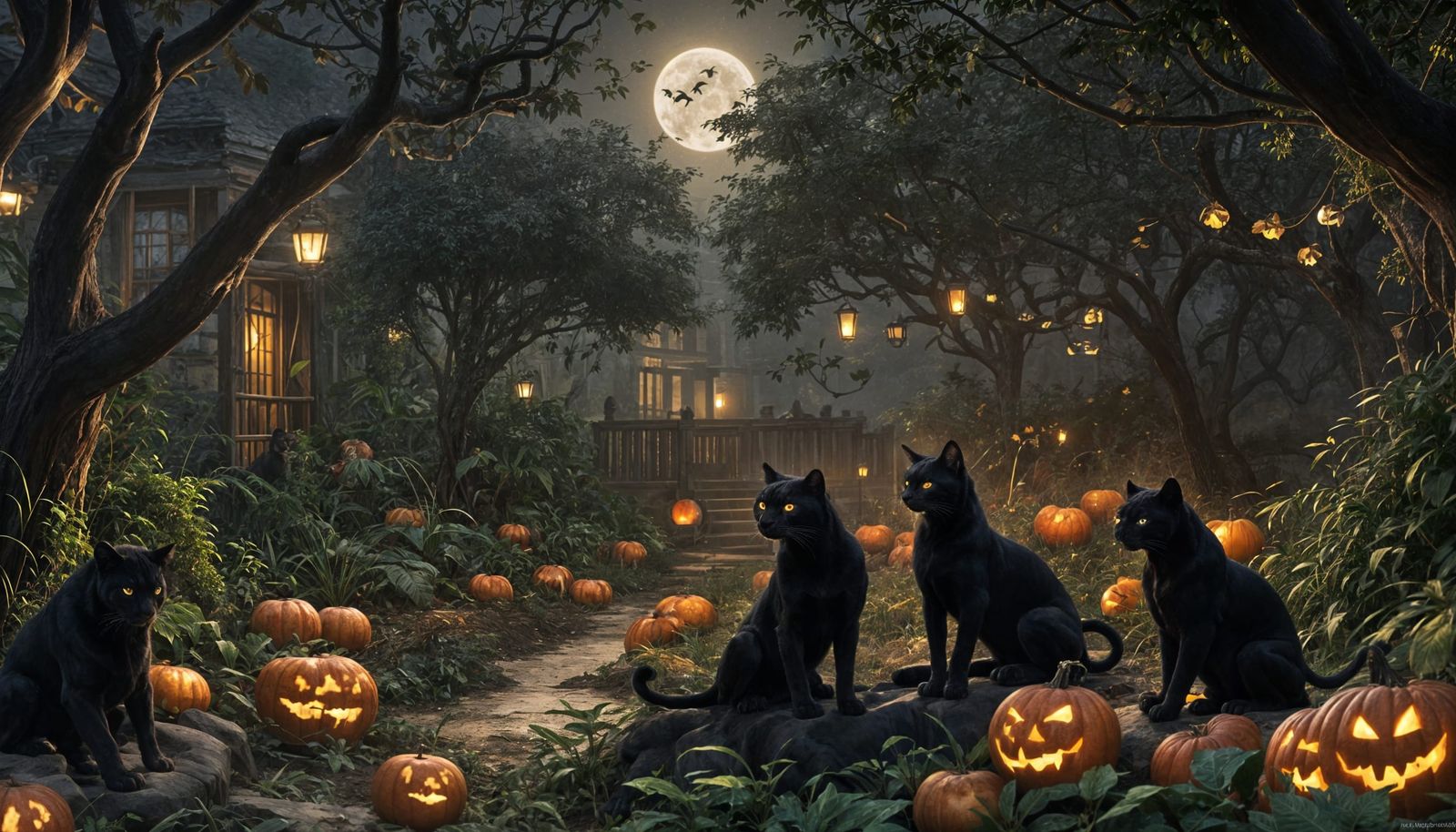 Halloween Black Panthers in Moonlit Jungle