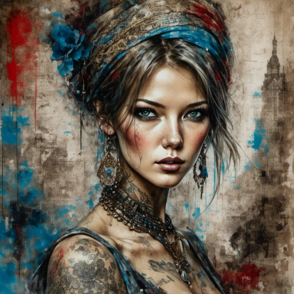 Aristocratic Beauty in Mixed Media Portrait