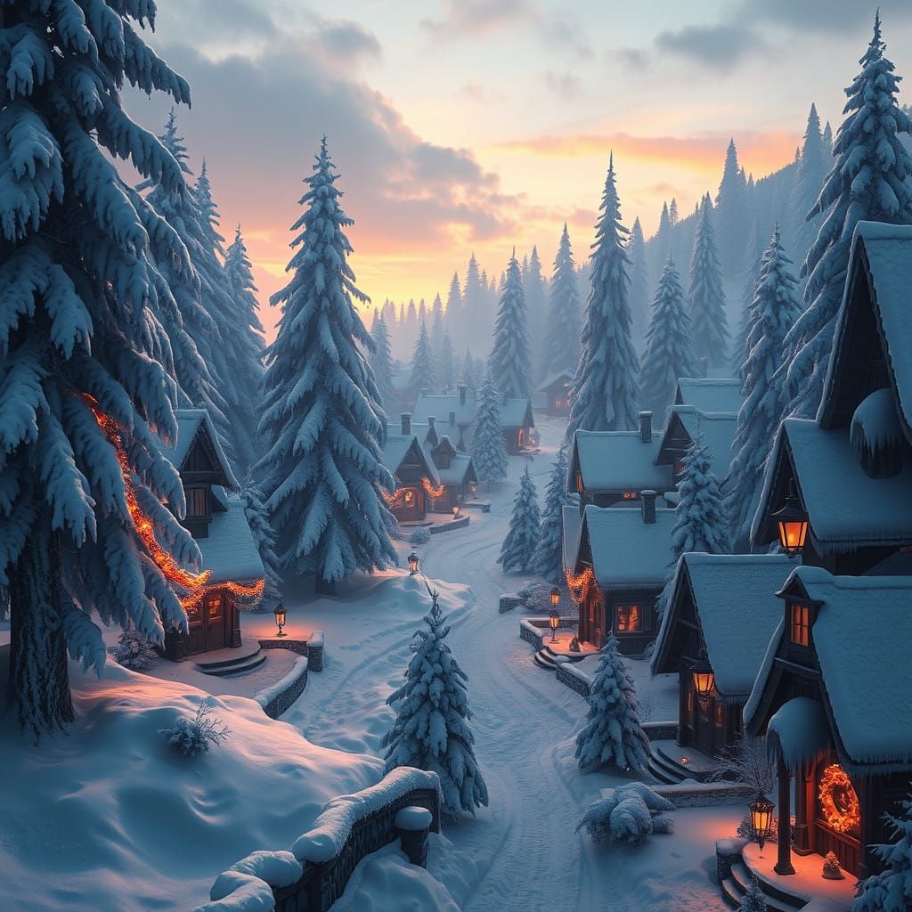 Mystical Christmas Village at Dusk, in Unreal Engine 5 Style