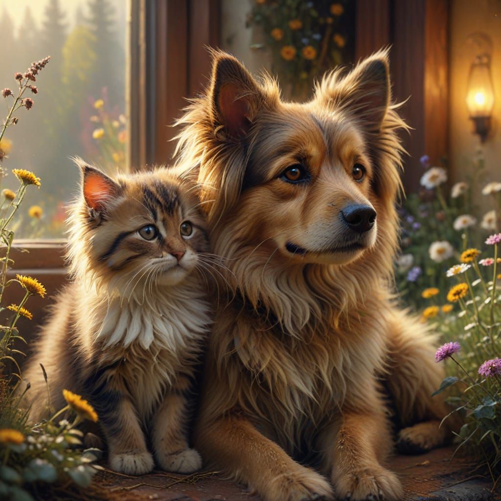 Shaggy Dog and Fluffy Kitten in Misty Wildflowers