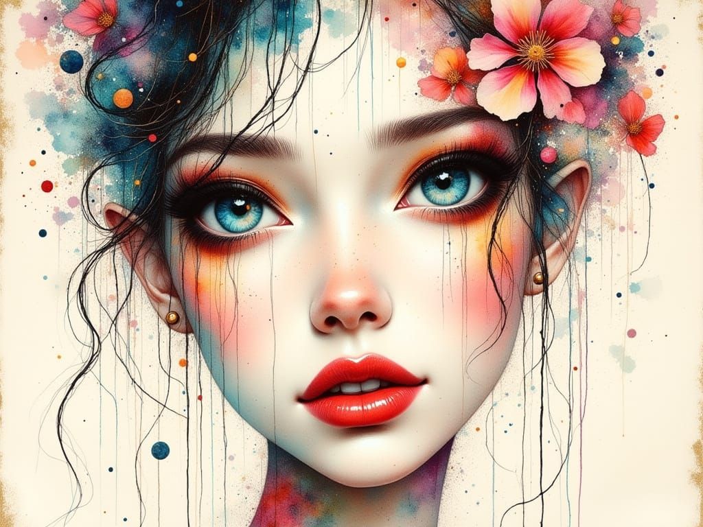 Whimsical Female Portrait in Mixed Media Style