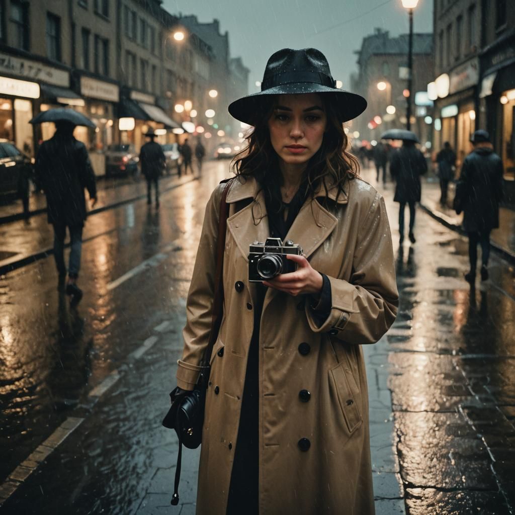 Film Noir Woman with Vintage Camera on Rainy Street