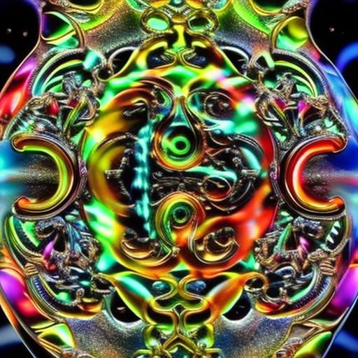 Hyper realistic beautiful insanely intricate Rainbow Glowing Glass Crystal Squid Smoking with cosmic energy infinite ref...