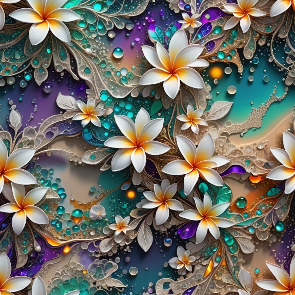 Opalescent Fractal Lace with Plumeria and Glitter