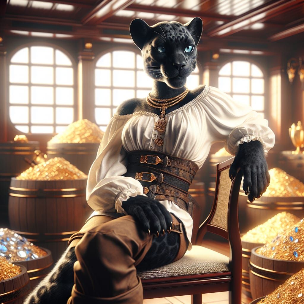 Female black leopard tabaxi rogue pirate sitting on a chair surrouded by gold