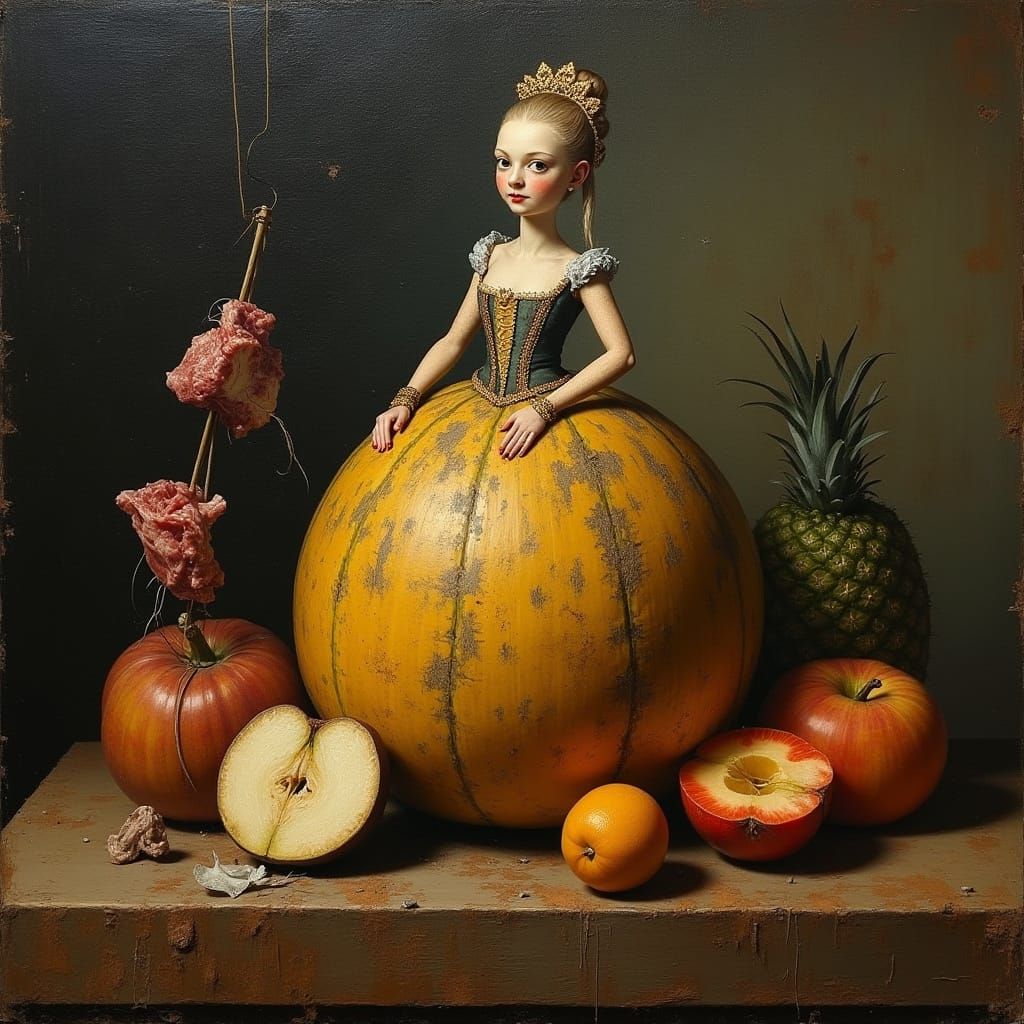 Surreal Still Life of Marie Antoinette on a Melon