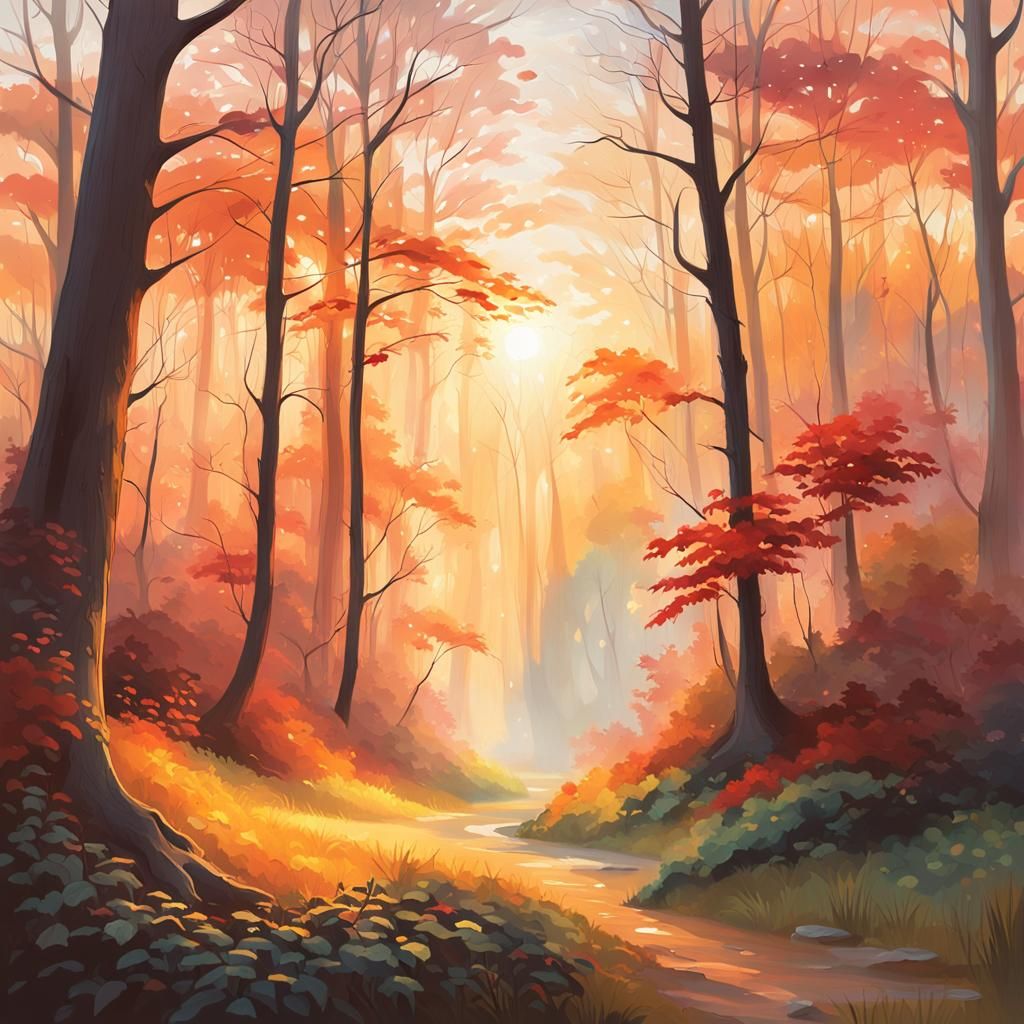 Mystical Forest Sunset in Ethereal Landscape Painting