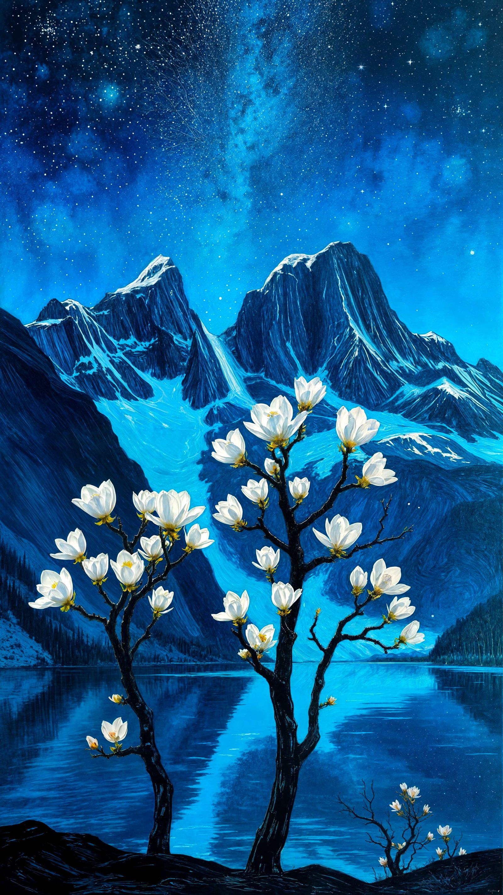 Majestic Mountainscape at Dusk, with Magnolia Trees and Sere...