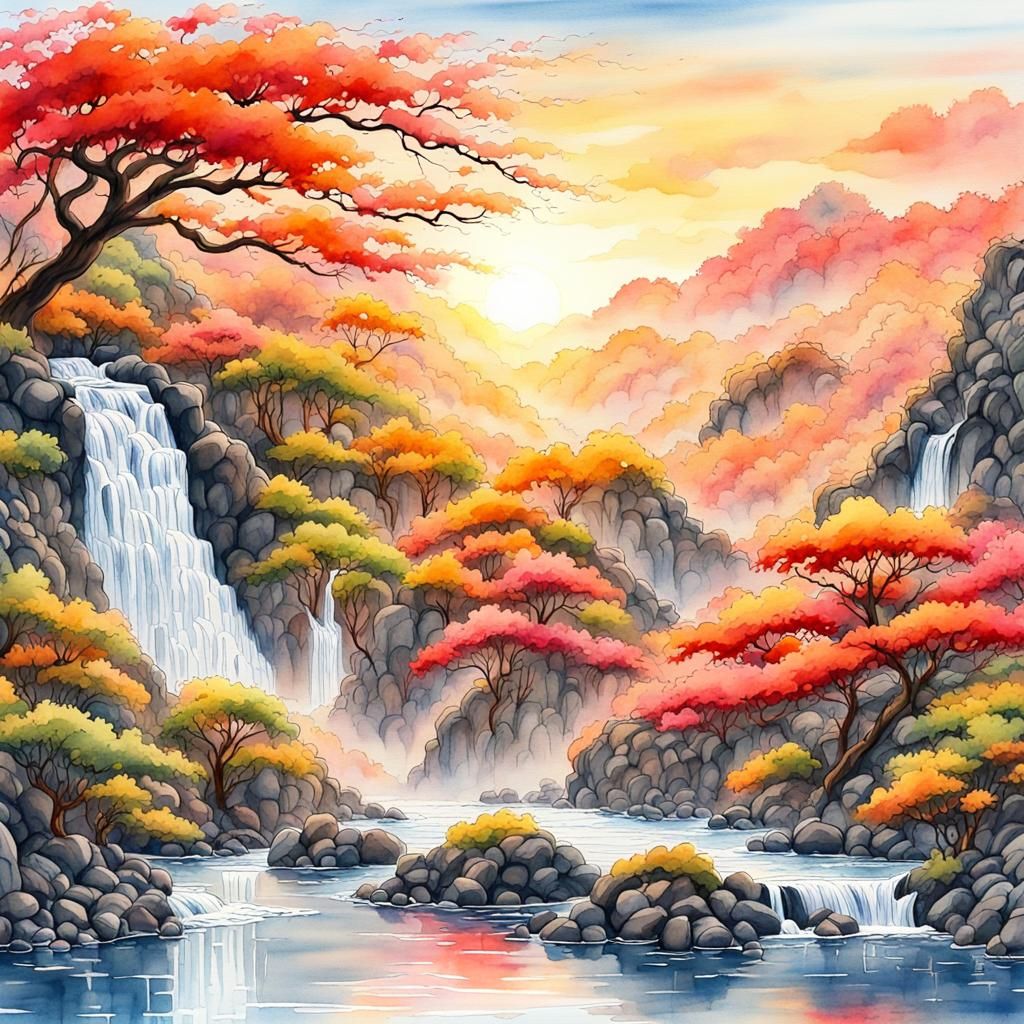 Japanese Waterfall Sunset in Watercolor and Ink