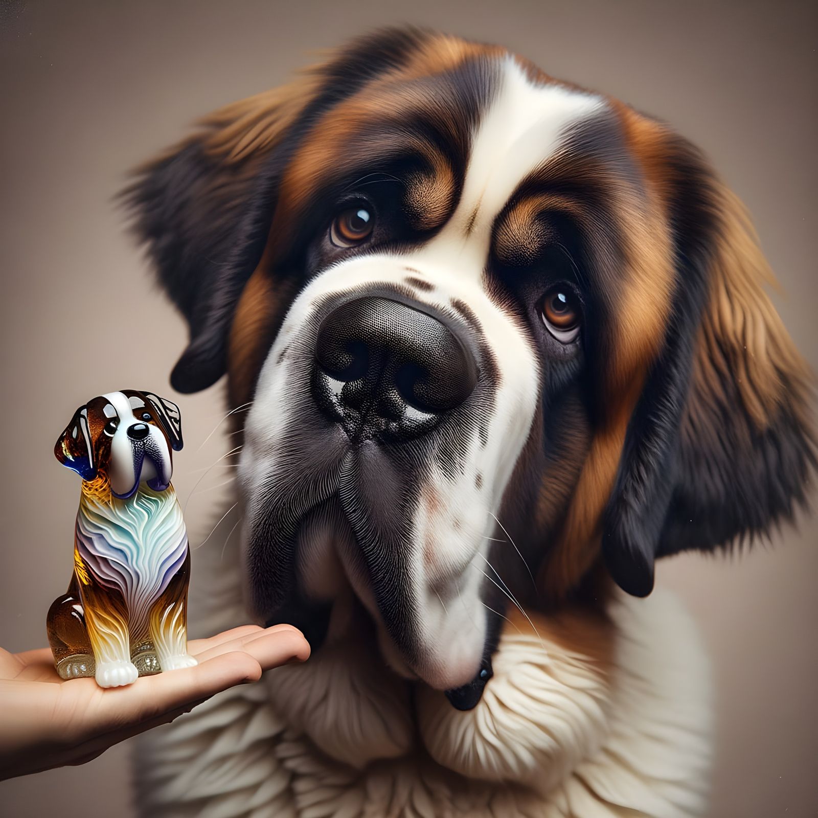 Puzzled Saint Bernard and Miniature Art Glass Replica