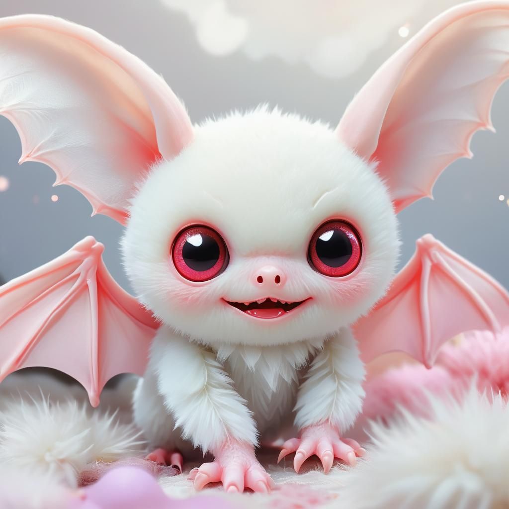 Kawaii Albino Bat Plushie in Digital Art