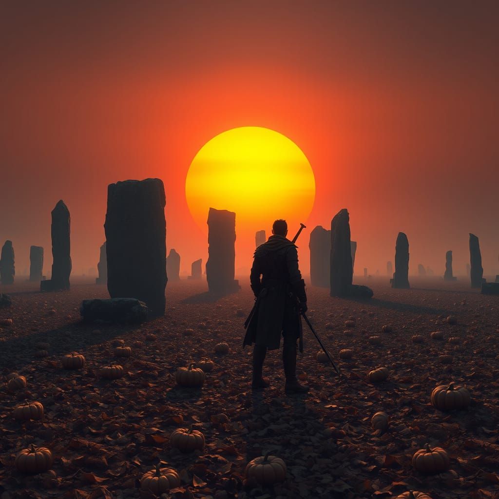 Lone Warrior Surveys Ancient Plains at Fiery Sunset