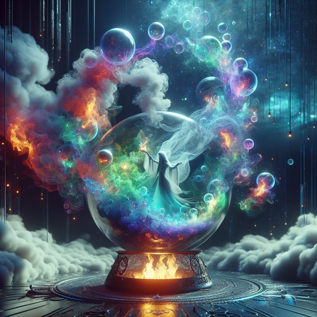 Ethereal Witch's Cauldron with Luminous Bubbles