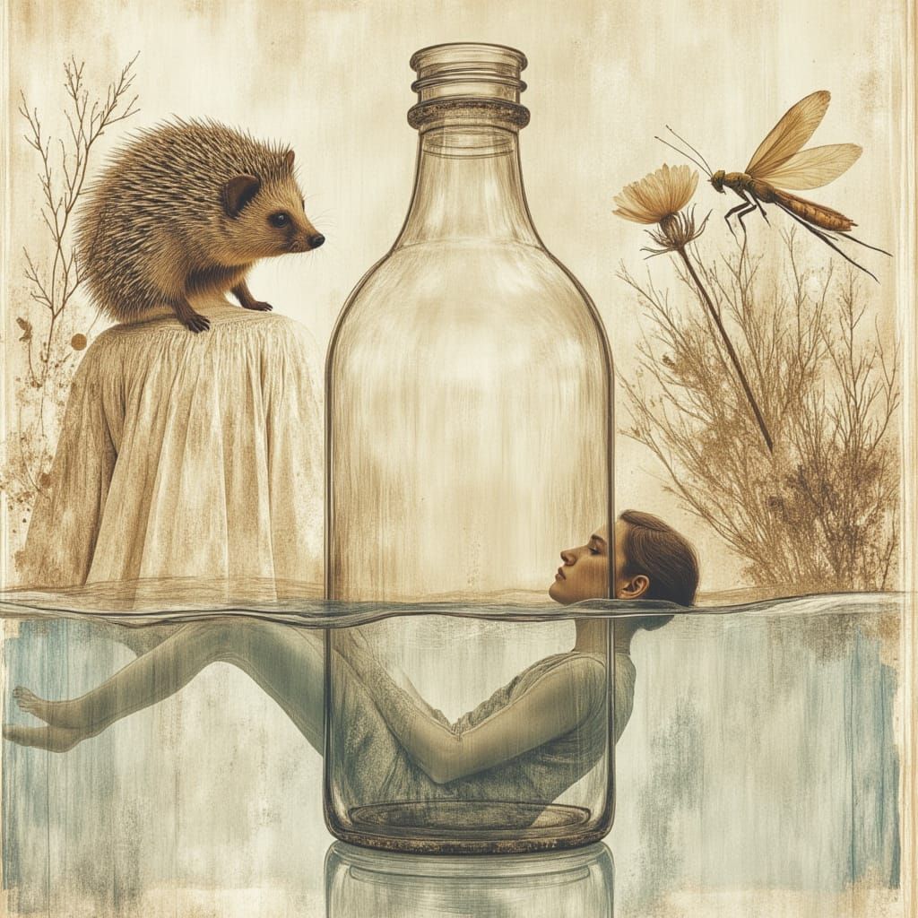 Man Swimming in Milk Bottle, Dürer Style