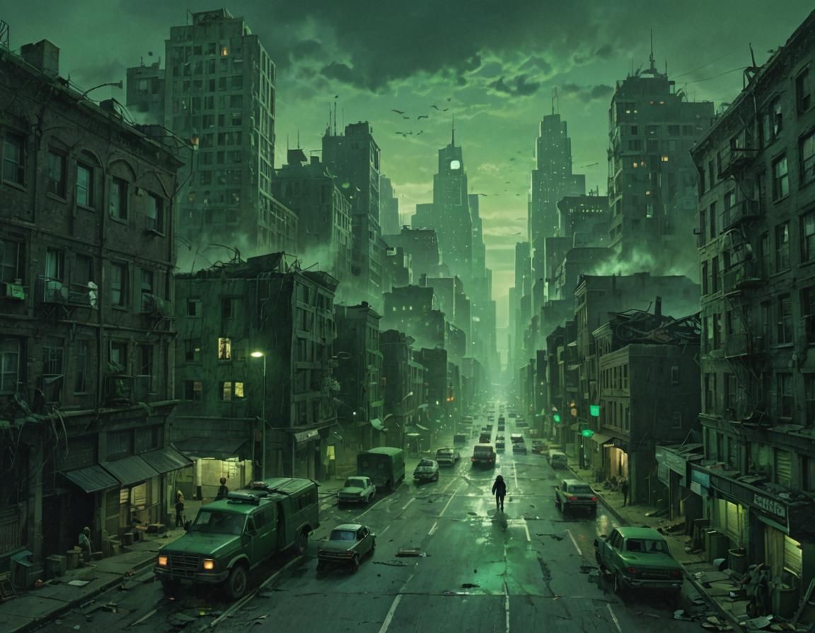 Ominous Green Sky Over Decayed Cityscape