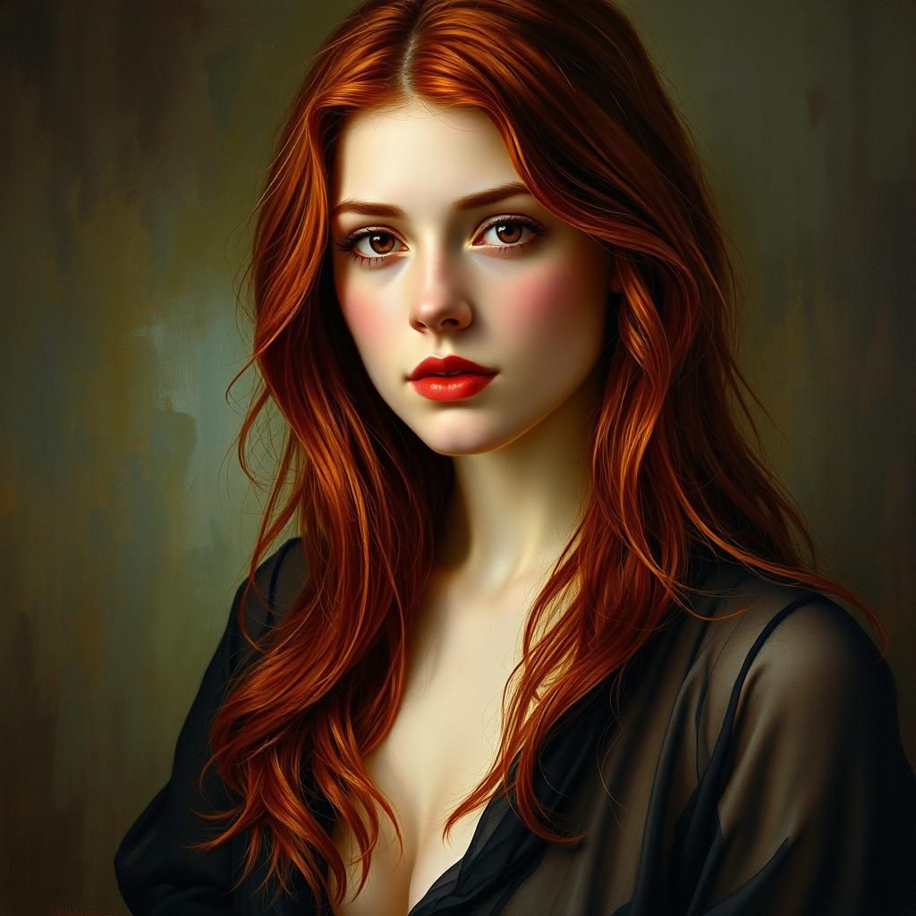Auburn-Haired Woman with Ruby Eyes, Oil Painting