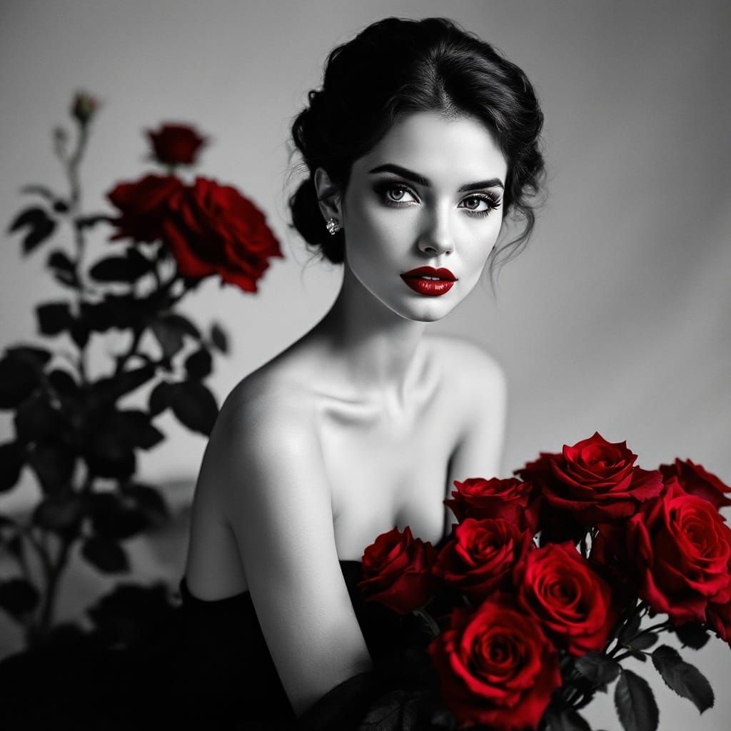 Elegant Woman in Timeless Black and White Portrait with Red ...