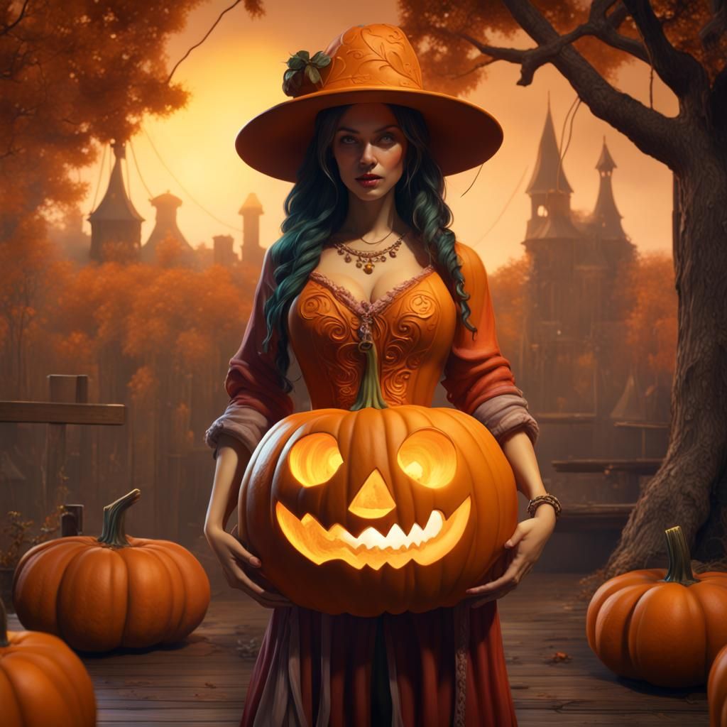 Pumpkin Carving of a Beautiful Woman: Fantasy Art