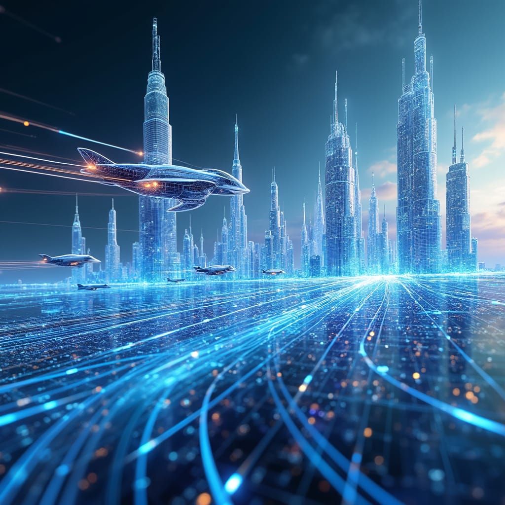 Hyperreal Futuristic Cityscape in 3D Wireframe Art