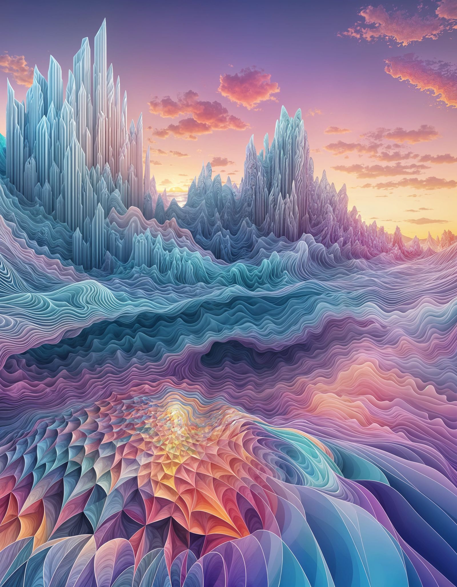 Colorful Sunset with Abstract Vector Fractals