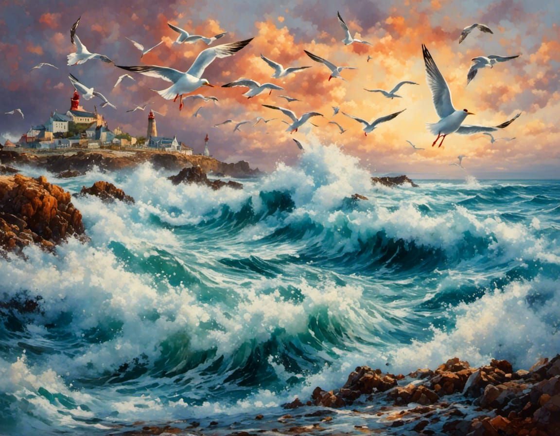 Seascape with Crashing Waves in Gouache Style