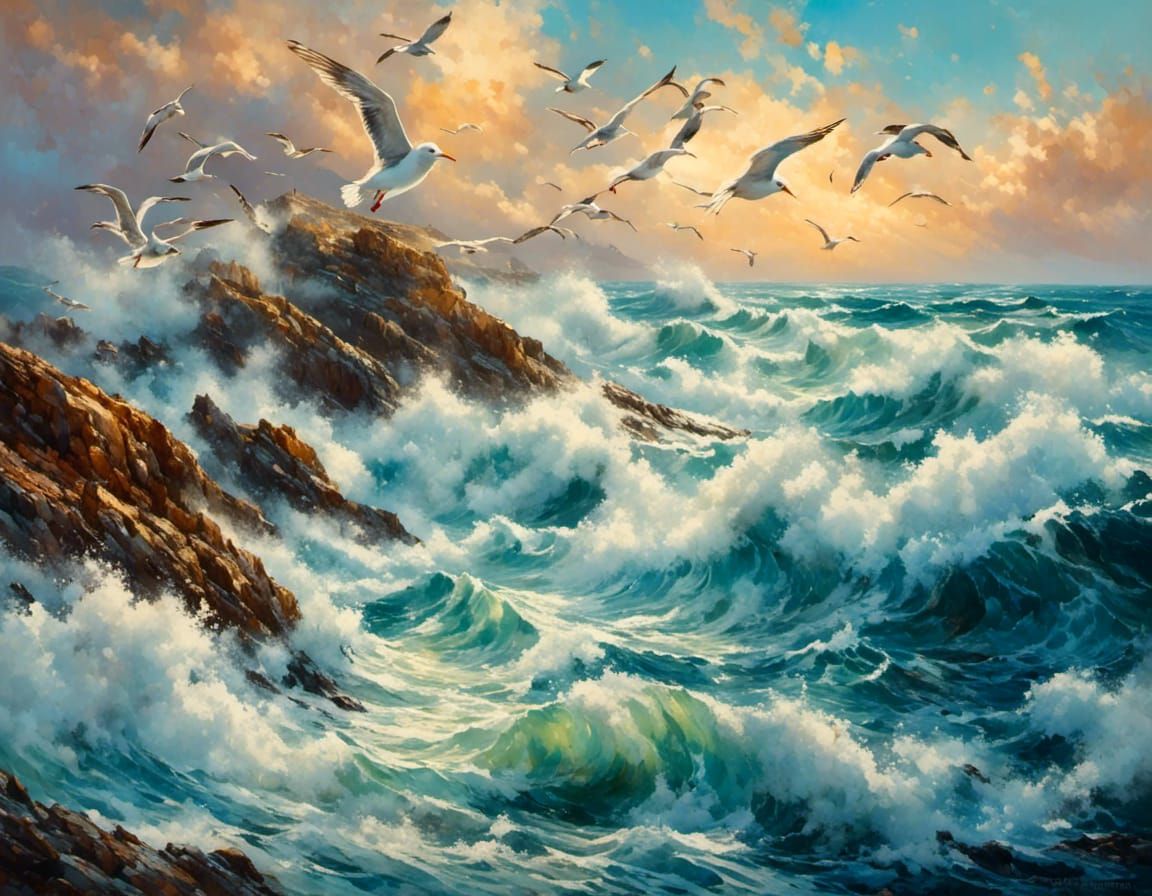 Dramatic Seascape with Crashing Waves in Gouache Style