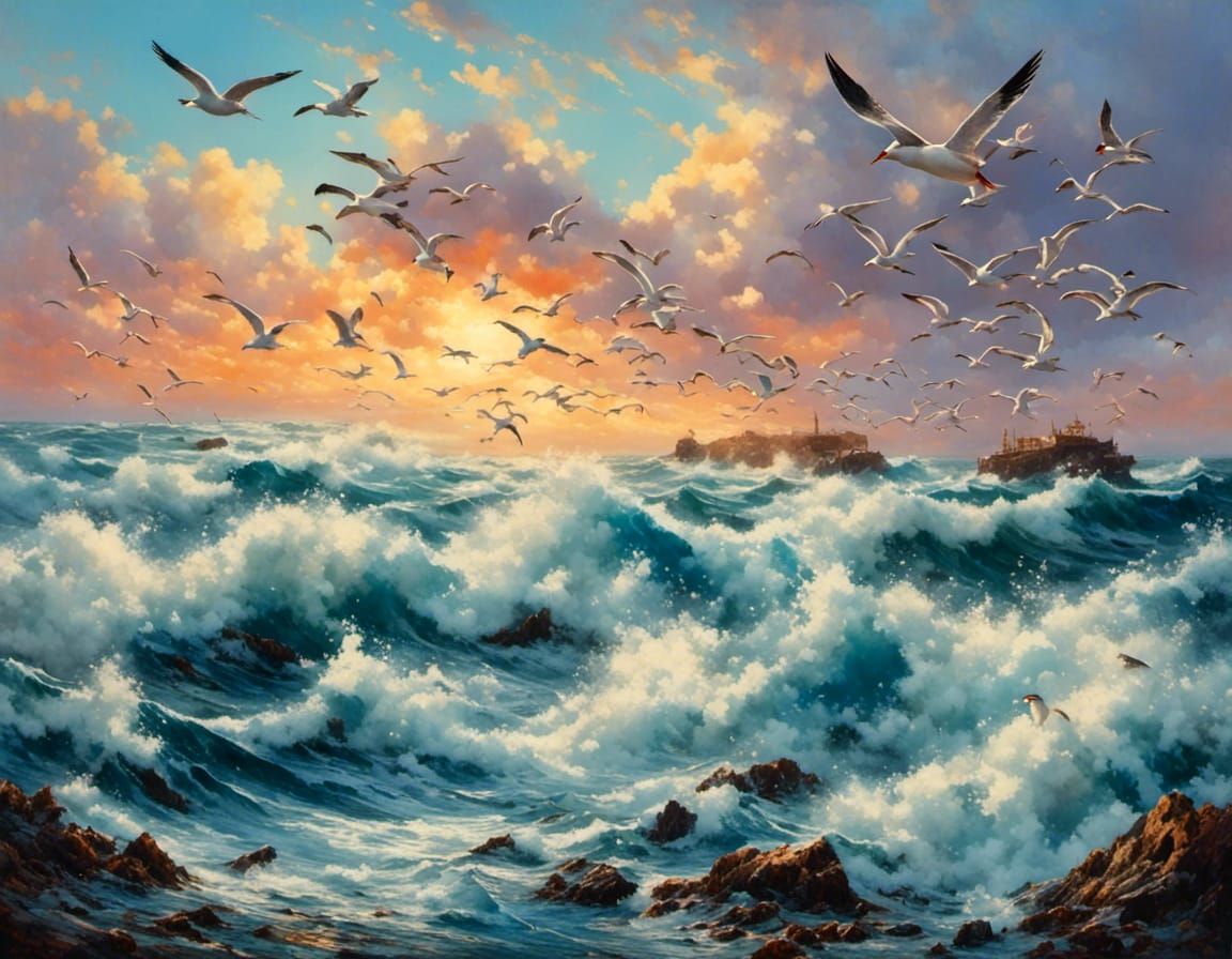 Seascape with Crashing Waves in Gouache Style