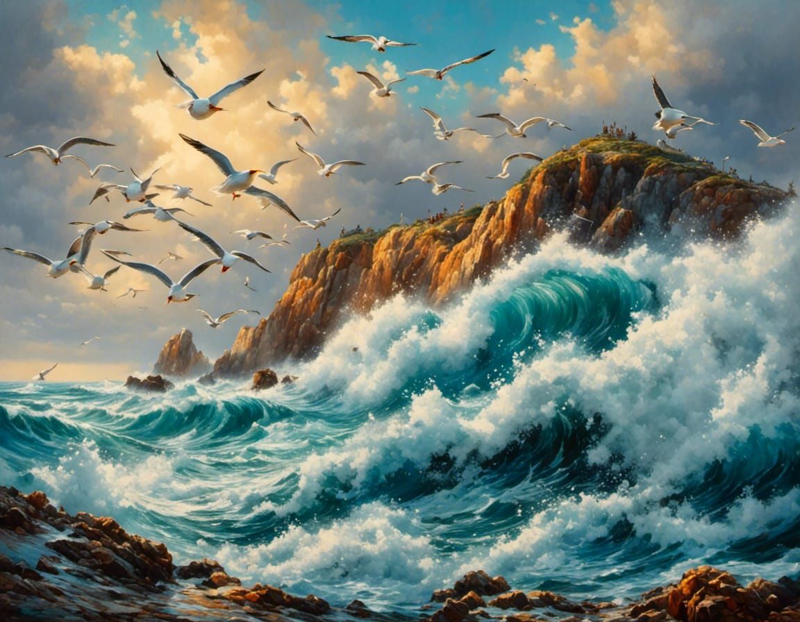 Crashing Waves: A Vibrant Gouache Seascape