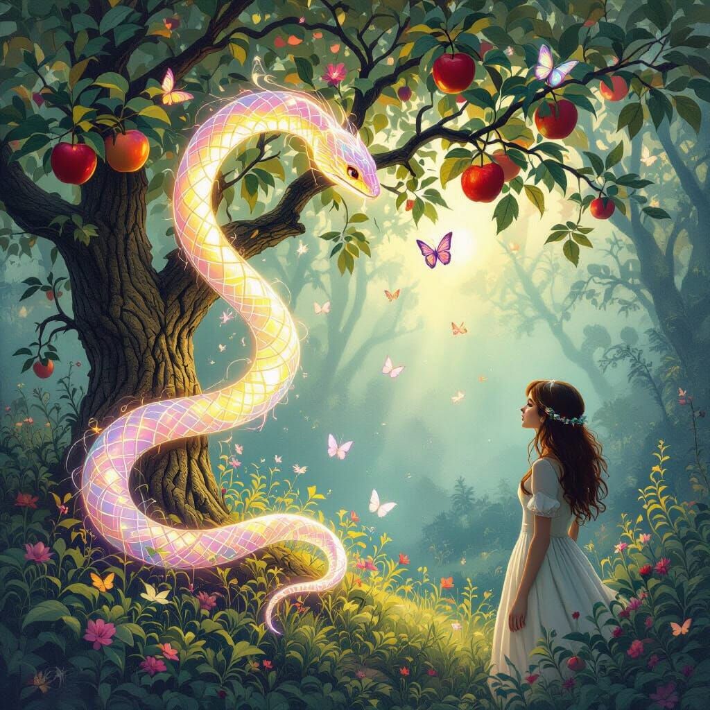 Spectral Serpent and Curious Woman in Enchanted Forest
