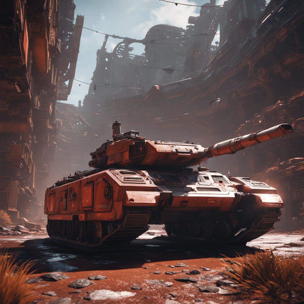 Cyberpunk Apocalypse Tank in a War-Torn Cityscape