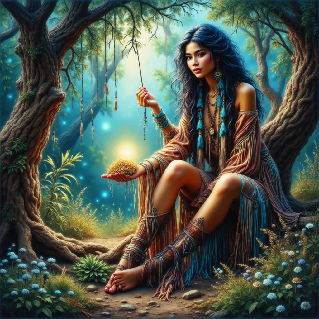 Native American Medicine Woman Gathering Herbs in Mystical F...