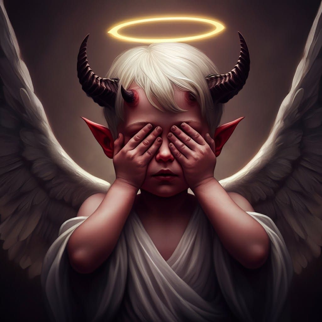 stunning image of a cute adorable  angel with halo, holding hands over eyes, hiding,  devil,angel, lucifer sitting next ...