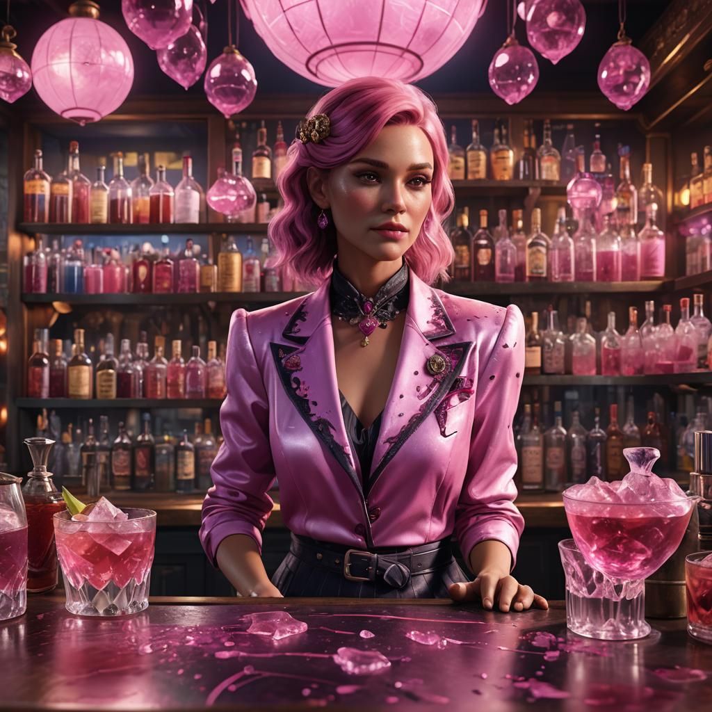 Pink Sapphire Bartender in Detailed Fantasy Art